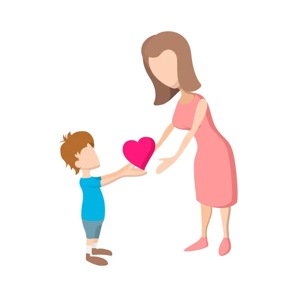 Chico dando un corazón a su madre icono de dibujos animados — Vector de stock