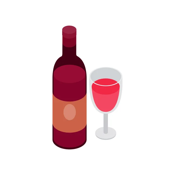 Kaca dan botol ikon anggur, isometric gaya 3d - Stok Vektor