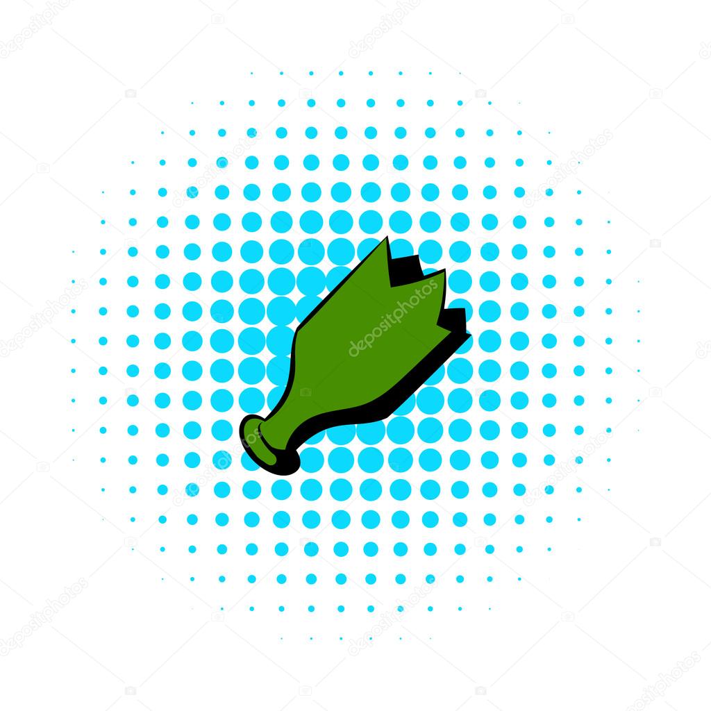 Shattered green bottle icon, comics style
