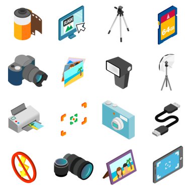 Photography icons set, isometric 3d style clipart