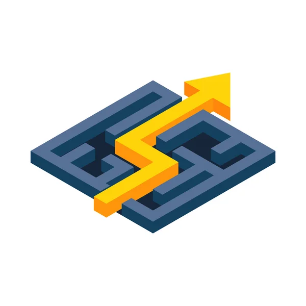 Caminho amarelo com seta através do ícone do labirinto — Vetor de Stock