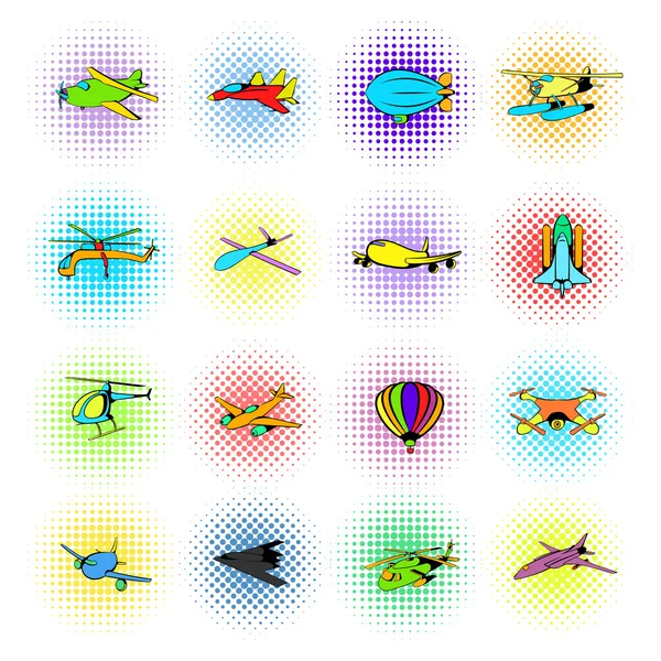 Ensemble d'icônes de l'aviation, style BD — Image vectorielle