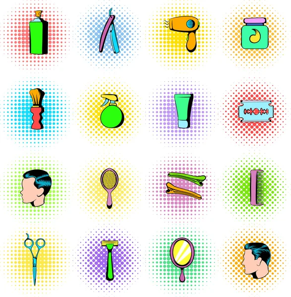 Conjunto de iconos de elementos de peluquería, estilo cómics — Vector de stock