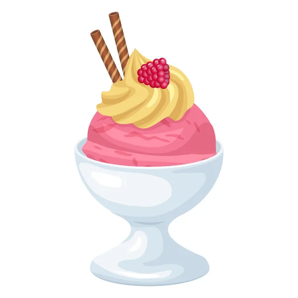 Helado de fresa en tazón con icono de oblea — Vector de stock