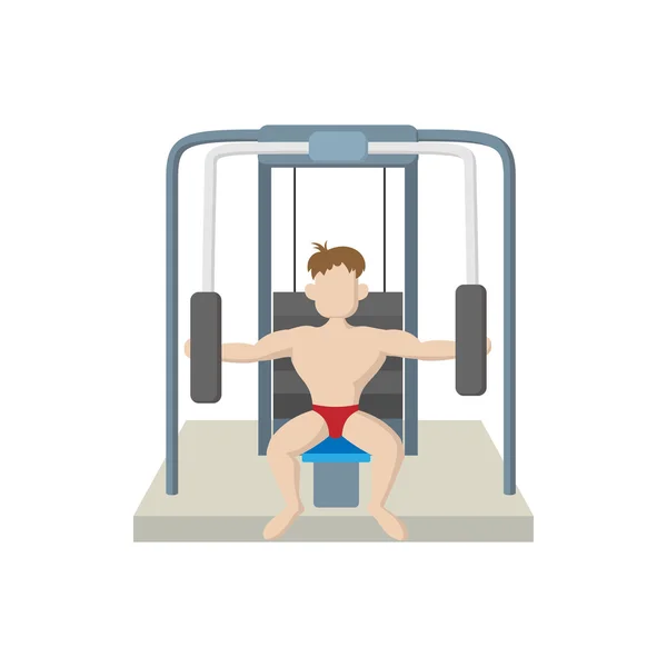 Naked man training muscles on gym machine icon — Stock Vector