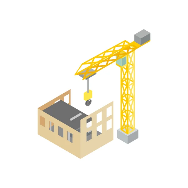 Construcción de casa con torre grúa icono, estilo isométrico 3d — Vector de stock