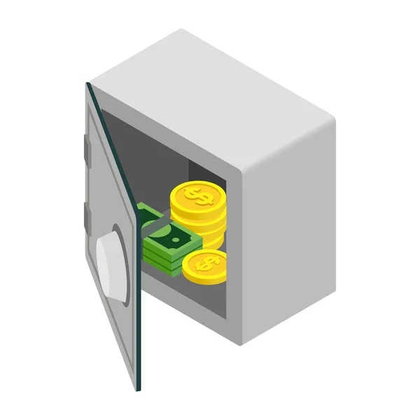 Coffre-fort ouvert avec pièce d'argent et icône de billet — Image vectorielle