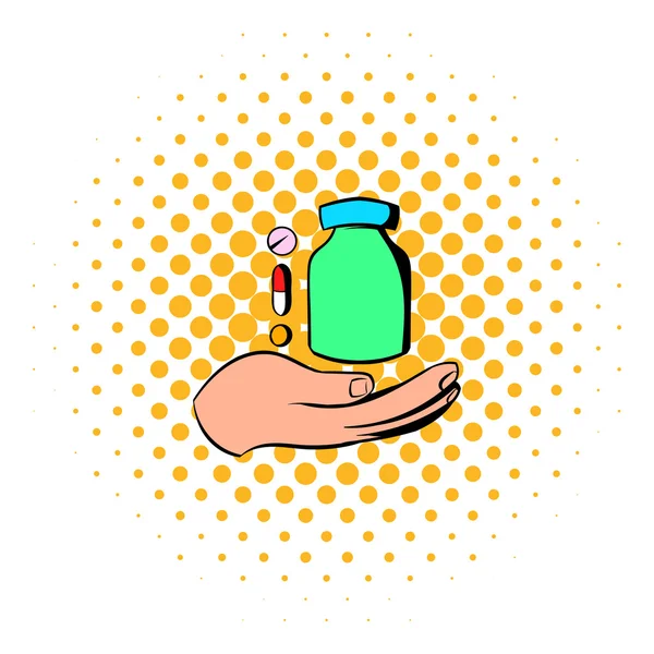 Mão com vitaminas e ícone de medicação — Vetor de Stock