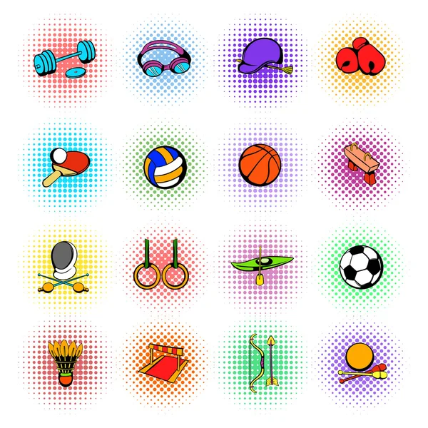 Conjunto de iconos de equipos deportivos, estilo cómics — Vector de stock