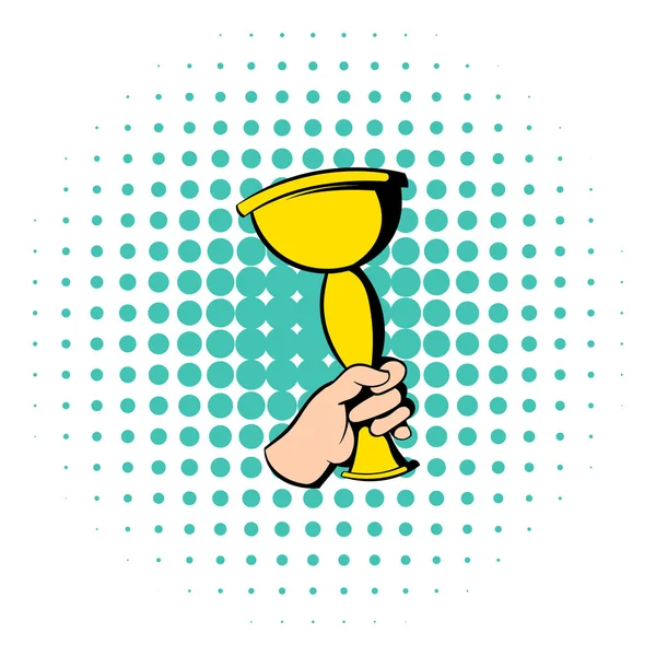 Hand holding winner trophy cup icon, comics style — Stock Vector