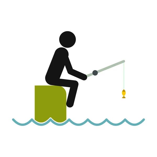 Pescador sentado en el muelle con icono de varilla — Vector de stock