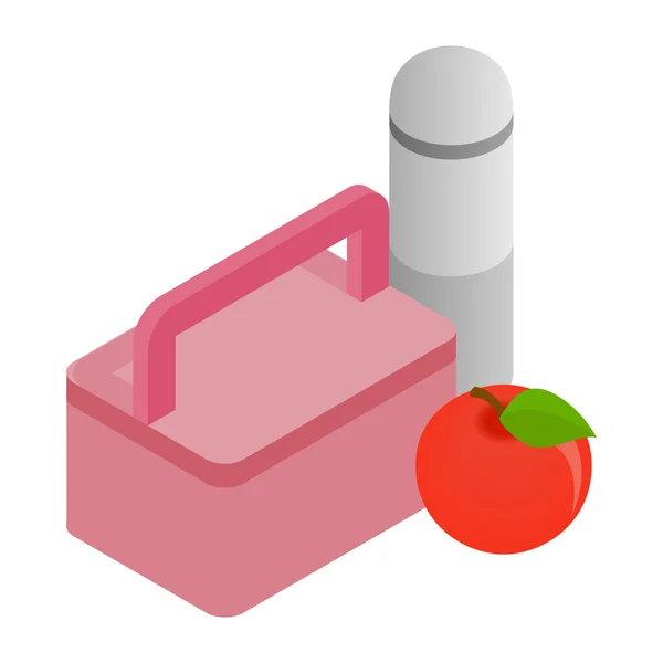 Pinkfarbene Lunchbox, roter Apfel und Thermoskanne — Stockvektor