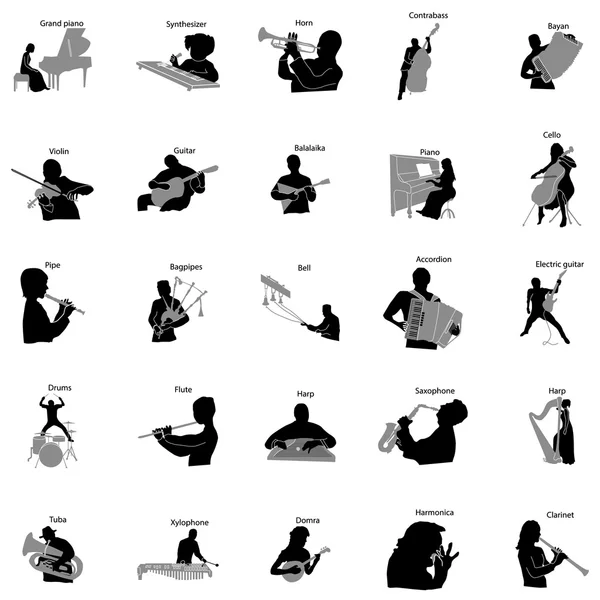Muzikanten silhouet set pictogrammen, eenvoudige stijl — Stockvector