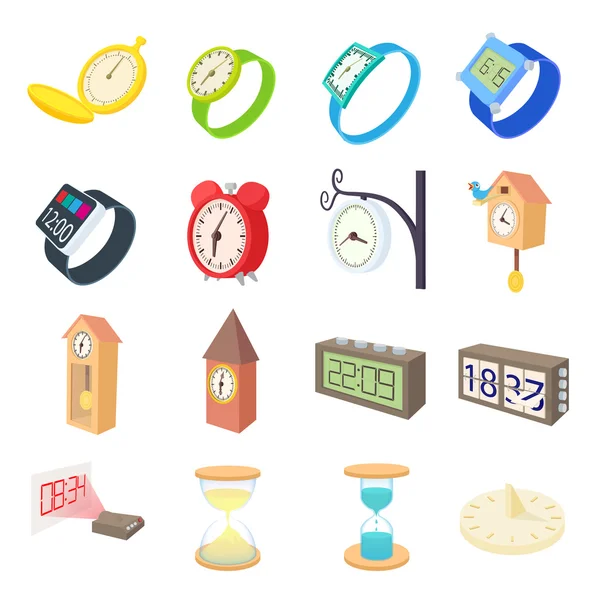 Klok en horloge iconen set, cartoon stijl — Stockvector