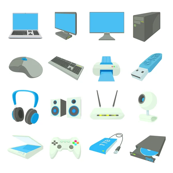 Conjunto de ícones de equipamentos de computador, estilo cartoon — Vetor de Stock