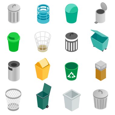 Trash can icons set, isometric 3d style clipart
