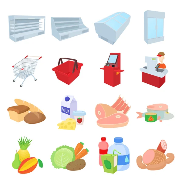 Supermarket icons set, cartoon style — Stock Vector