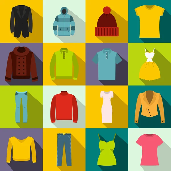 Kleding iconen set, vlakke stijl — Stockvector