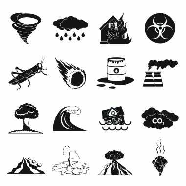Doğal afet Icons set, siyah basit tarzı