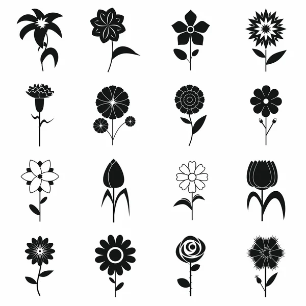 Conjunto de iconos de flores, negro estilo simple — Vector de stock