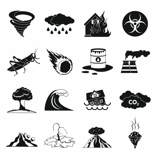 Doğal afet Icons set, siyah basit tarzı — Stok Vektör