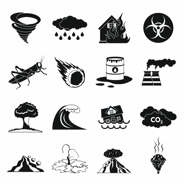 Natural disaster icons set, black simple style
