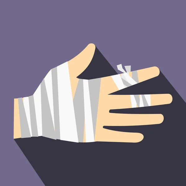 Mão ferida envolta em ícone de bandagem, estilo plano — Vetor de Stock