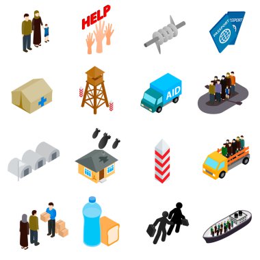 Refugees icons set, isometric 3d style clipart