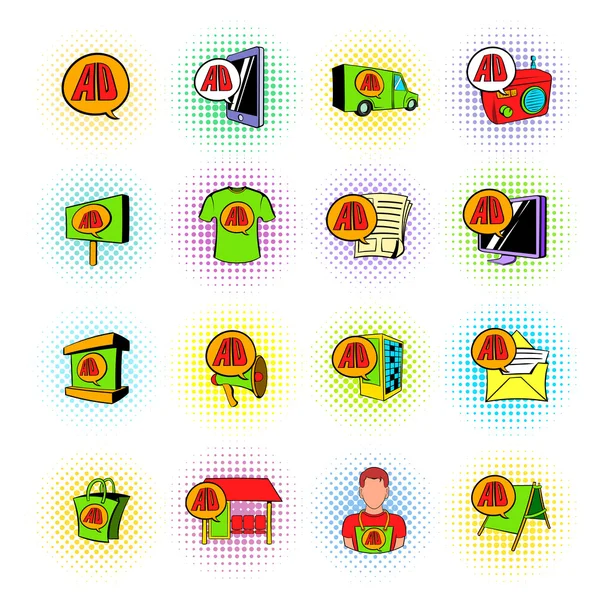 Anuncio conjunto de iconos, estilo de cómics — Vector de stock