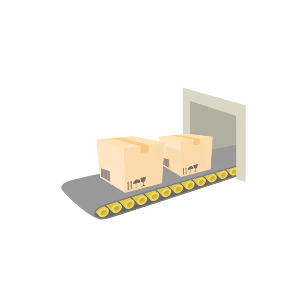 Pásový dopravník s boxy ikonou, kreslený styl — Stockový vektor