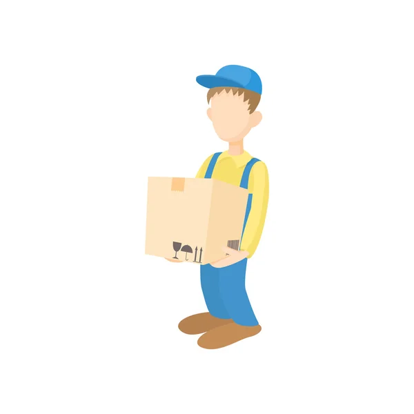 Delivery man holding and carrying cardbox icon — Stock Vector