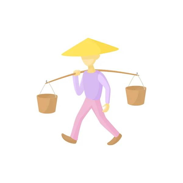Ο άνθρωπος με μια κωνική καπέλο μεταφέρει κουβάδες εικονίδιο — Διανυσματικό Αρχείο