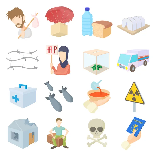 Vluchtelingen iconen set, cartoon stijl — Stockvector