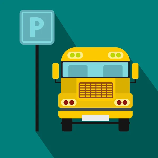 Parkering skylt och gul buss ikon, platt stil — Stock vektor