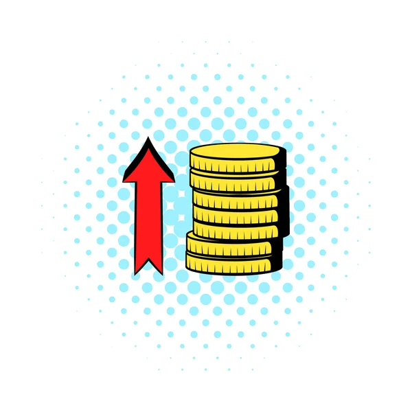 Stapels munten met rode pijlpictogram, comics stijl — Stockvector