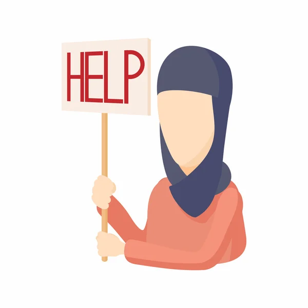 Woman in hijab with help sign icon, cartoon style — Stock Vector