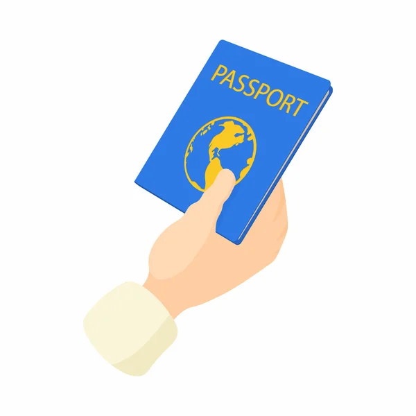 Hand holding passport icon, cartoon style — Stock Vector