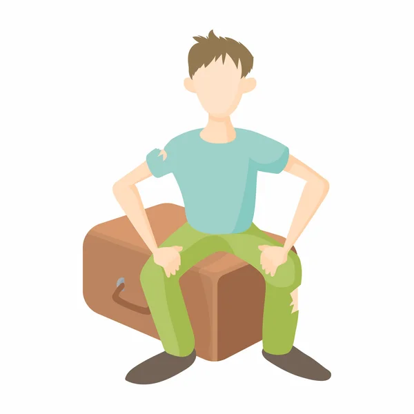 Man sitting on suitcase icon, cartoon style — Stock Vector