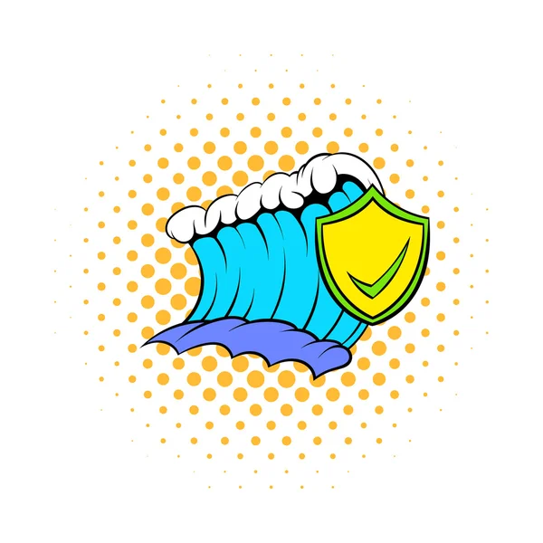 Onde tsunami bleu et bouclier jaune avec icône de tique — Image vectorielle