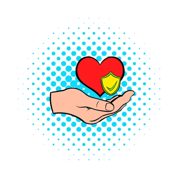 Mano sosteniendo icono corazón rojo, estilo cómics — Vector de stock