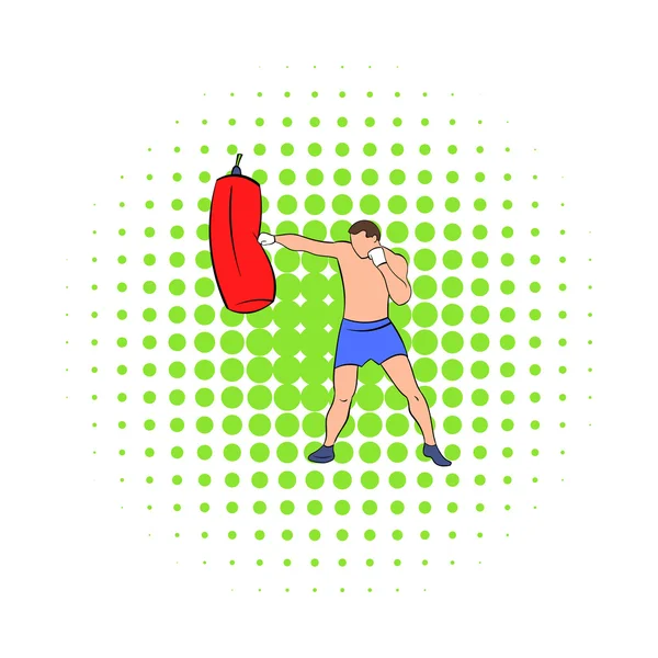 Boxeador golpeando el icono del saco de boxeo, estilo cómics — Vector de stock