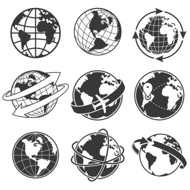 Globe concept illustration set, monochrome clipart