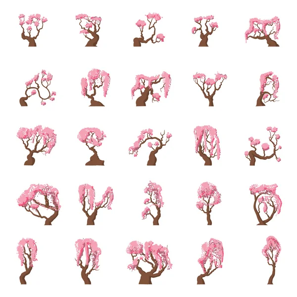 25 Cartoon sakura trees set — Stock Vector