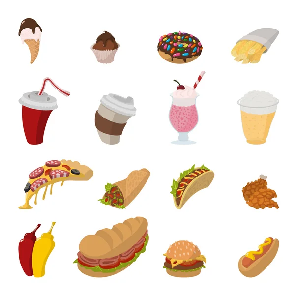 Ícones de desenhos animados fast food — Vetor de Stock
