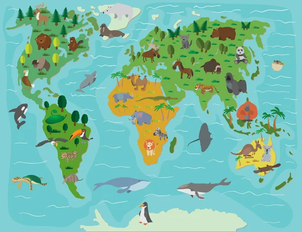 Mundo animal. Mapa engraçado dos desenhos animados — Vetor de Stock