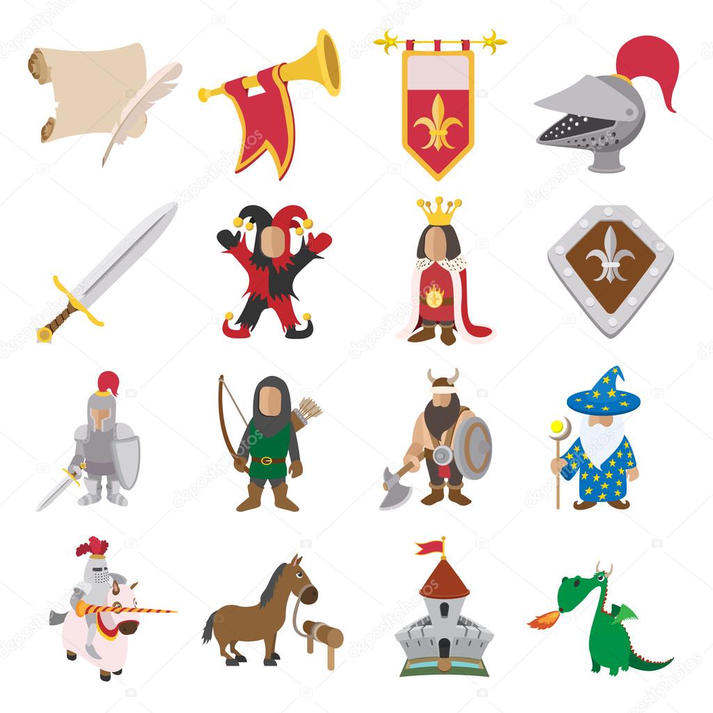 Medieval cartoon icons set