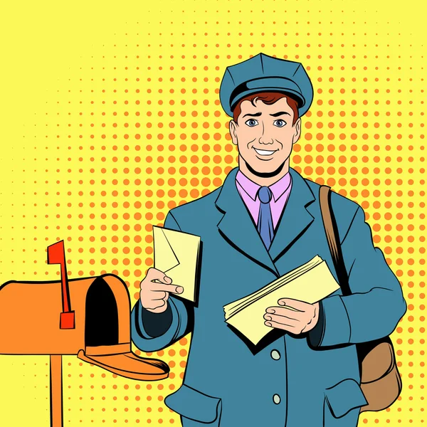 Quadrinhos carteiro segurando correio e saco — Vetor de Stock