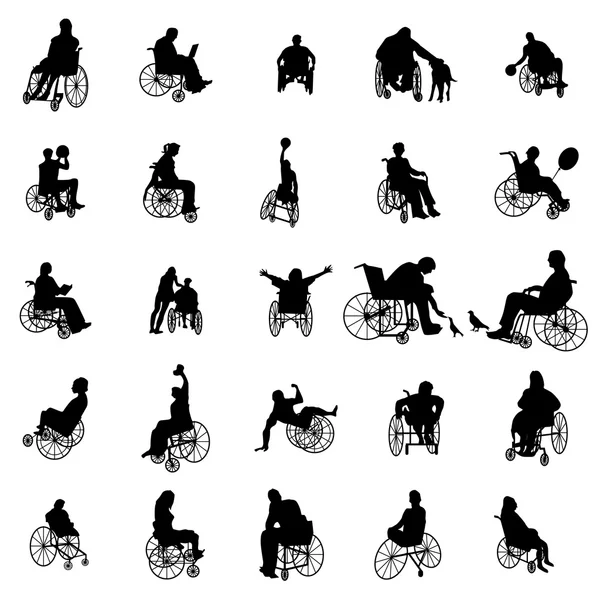Hombre y mujer en siluetas de silla de ruedas — Archivo Imágenes Vectoriales