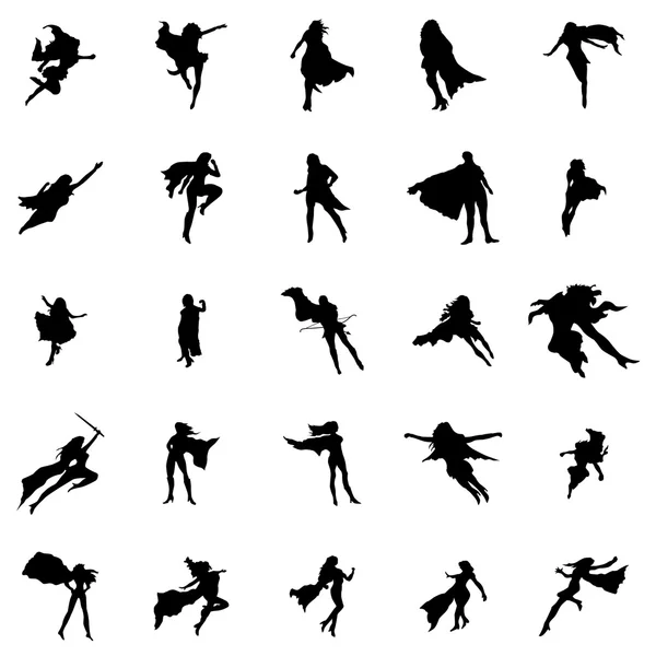 Superhéros silhouettes femme ensemble — Image vectorielle