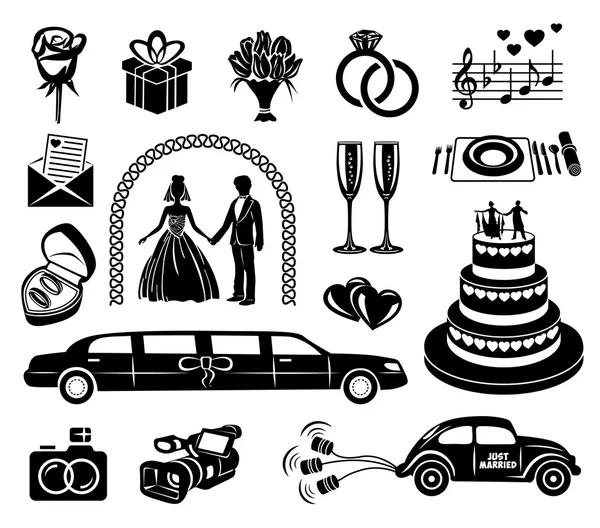 Esküvői fekete egyszerű ikonok beállítása — Stock Vector